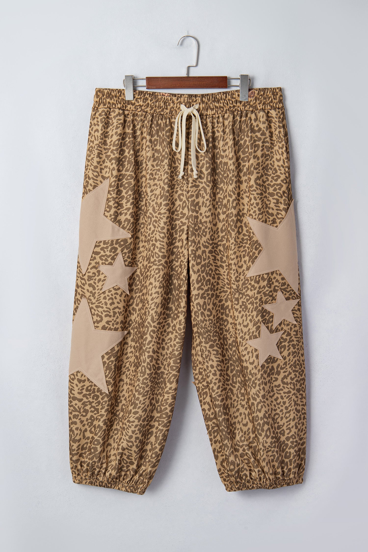 Khaki Plus Size Leopard Print Western Star Patched Jogger Pants