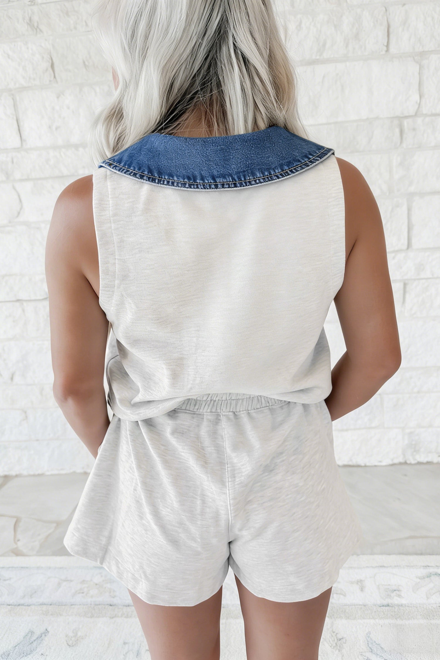 Light Grey Denim Patchwork Polo Collar Elastic Waist Sleeveless Romper