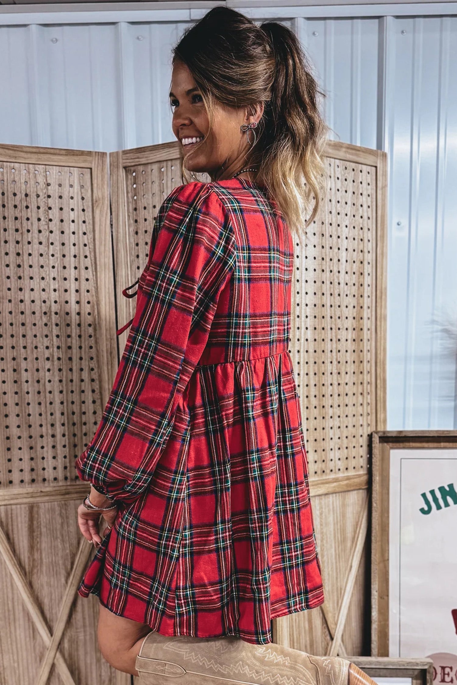 Red Plaid Tie Front Long Sleeve Short Shift Dress