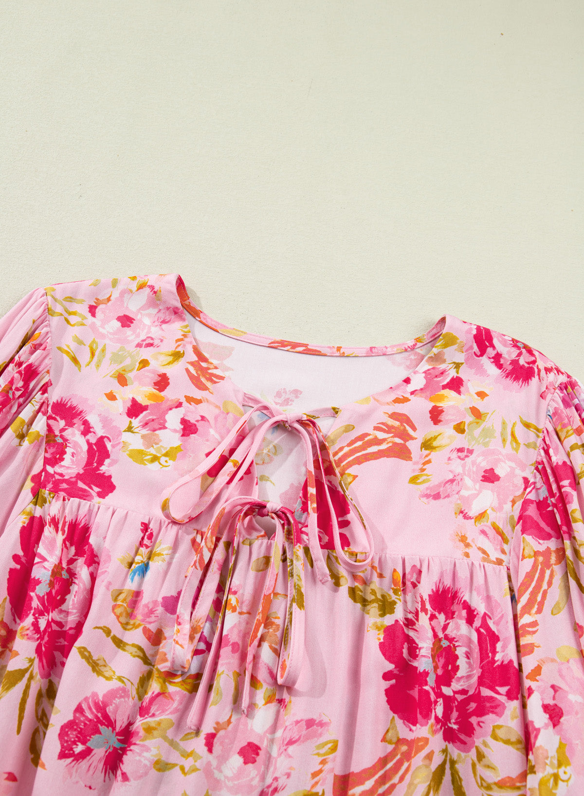 Pink Plus Size Floral Print V Neck Tie Front Short Sleeve Tunic Top
