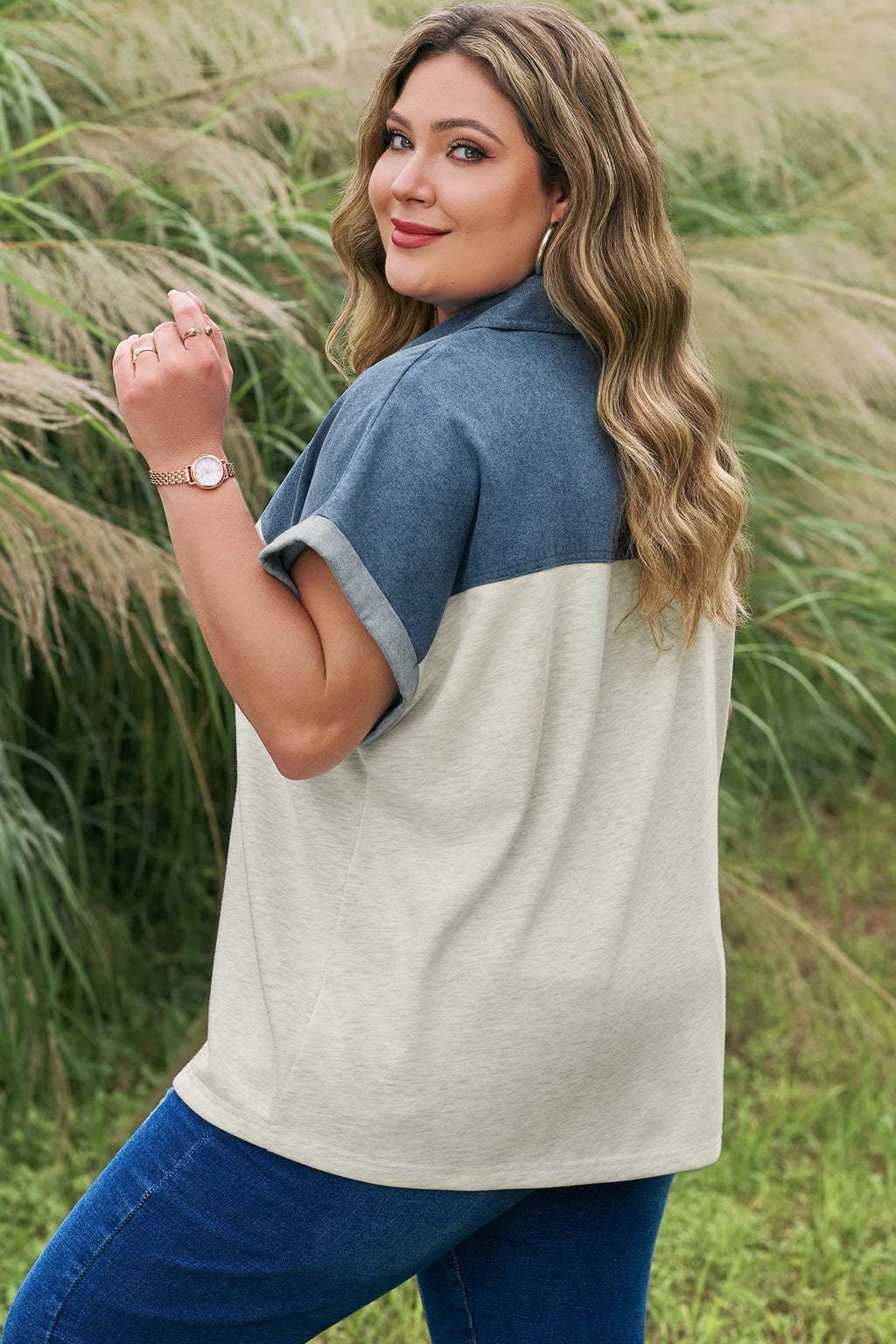 Light Grey Half Buttons Collared Denim Patchwork Plus Short Sleeve Top