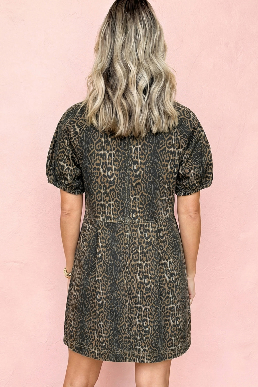 Gray Leopard Print Short Sleeve Pleated Denim Mini Dress