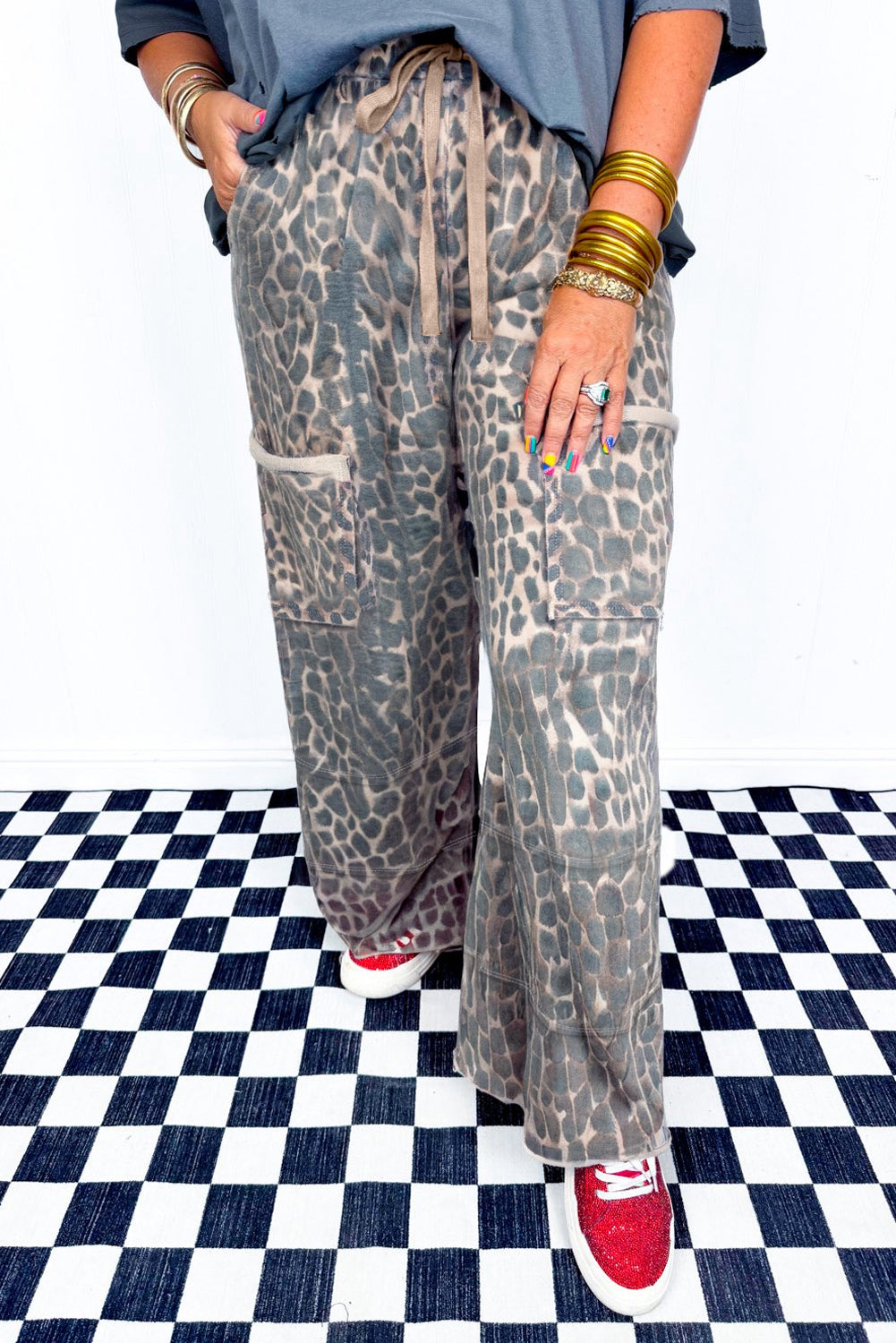 Khaki Plus Size Leopard Print Raw Edge Patch Pocket Drawstring Loose Pants