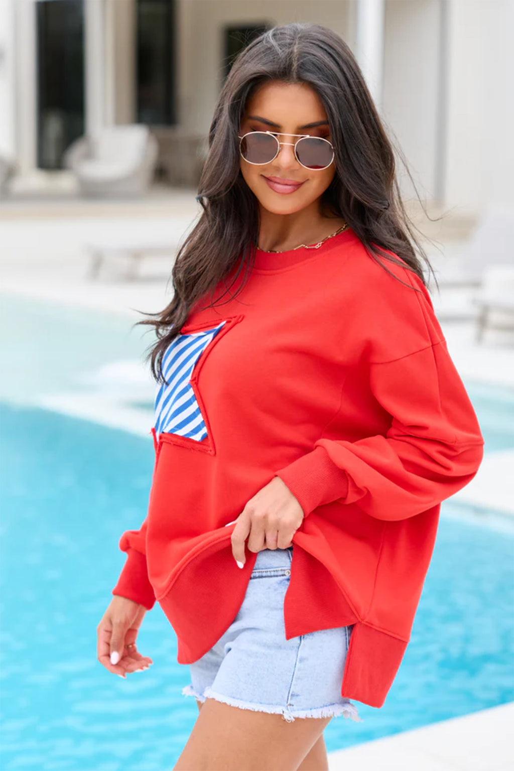 Fiery Red Patch Embroidery Star Colorblock Plus Size Sweatshirt