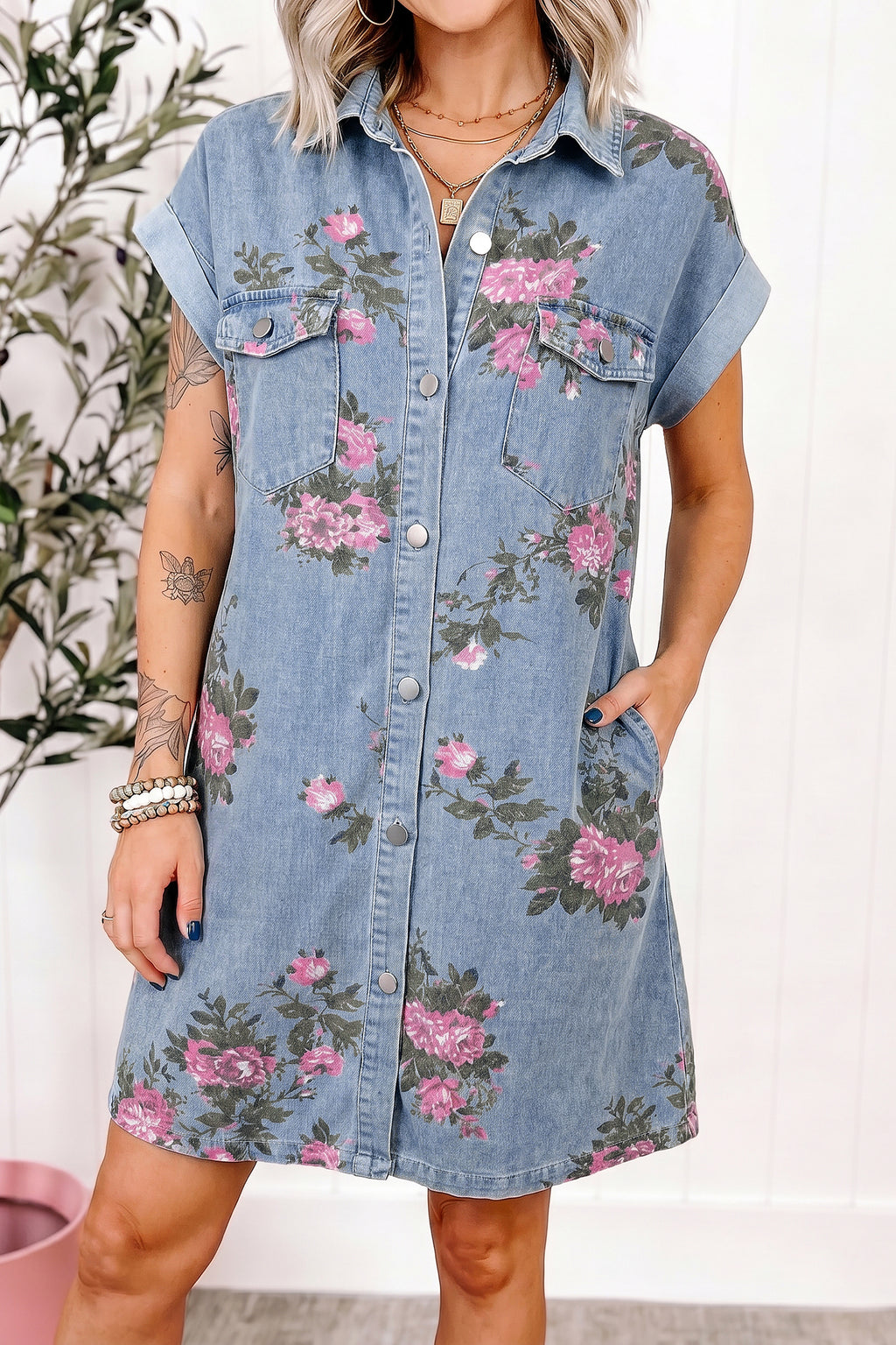 Sky Blue Denim Floral Print Cuffed Short Sleeve Button Down Shift Dress
