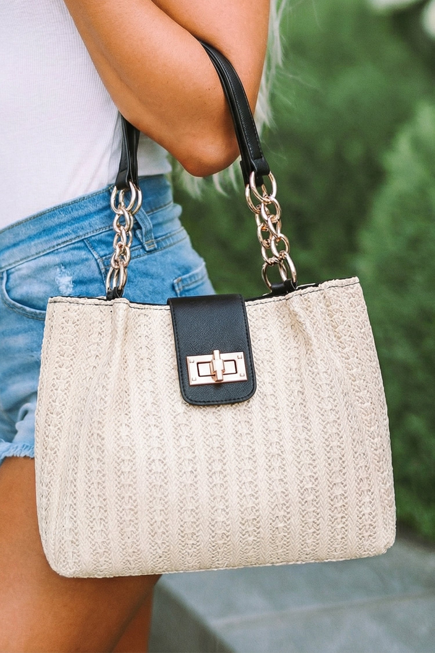 Black PU Leather Chain Handle Woven Textured Knit Tote Bag