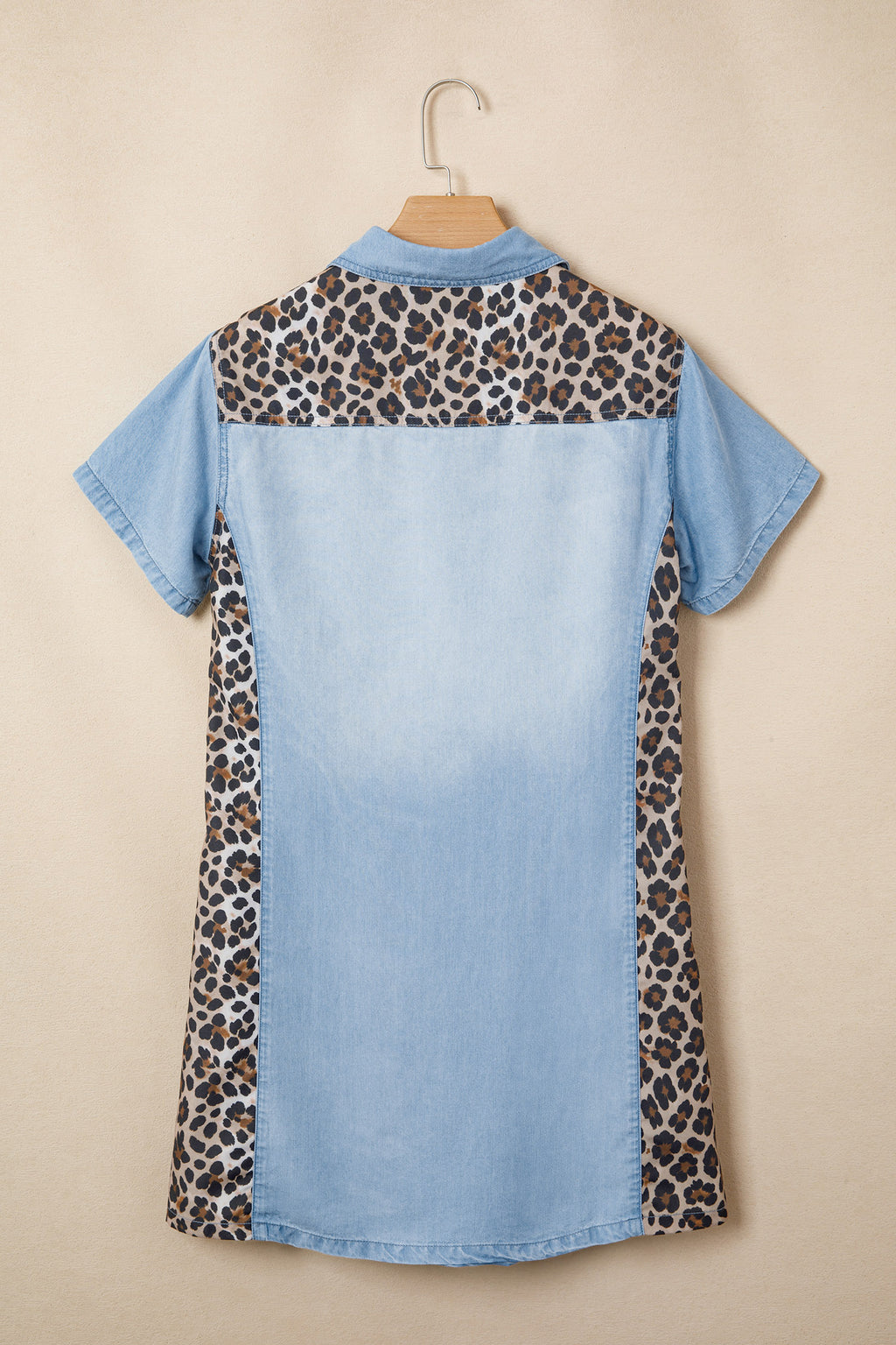 Myosotis Denim Color Block Leopard Patchwork Shirt Collar T Shirt Mini Dress