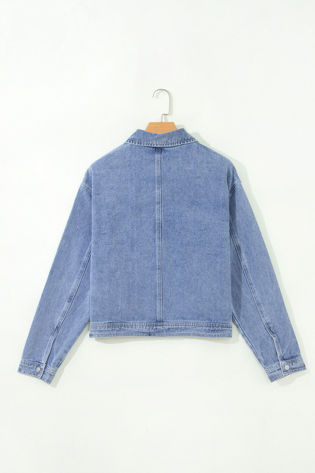 Beau Blue Studded Metal Zipper Rivet Pockets Long Sleeve Denim Jacket