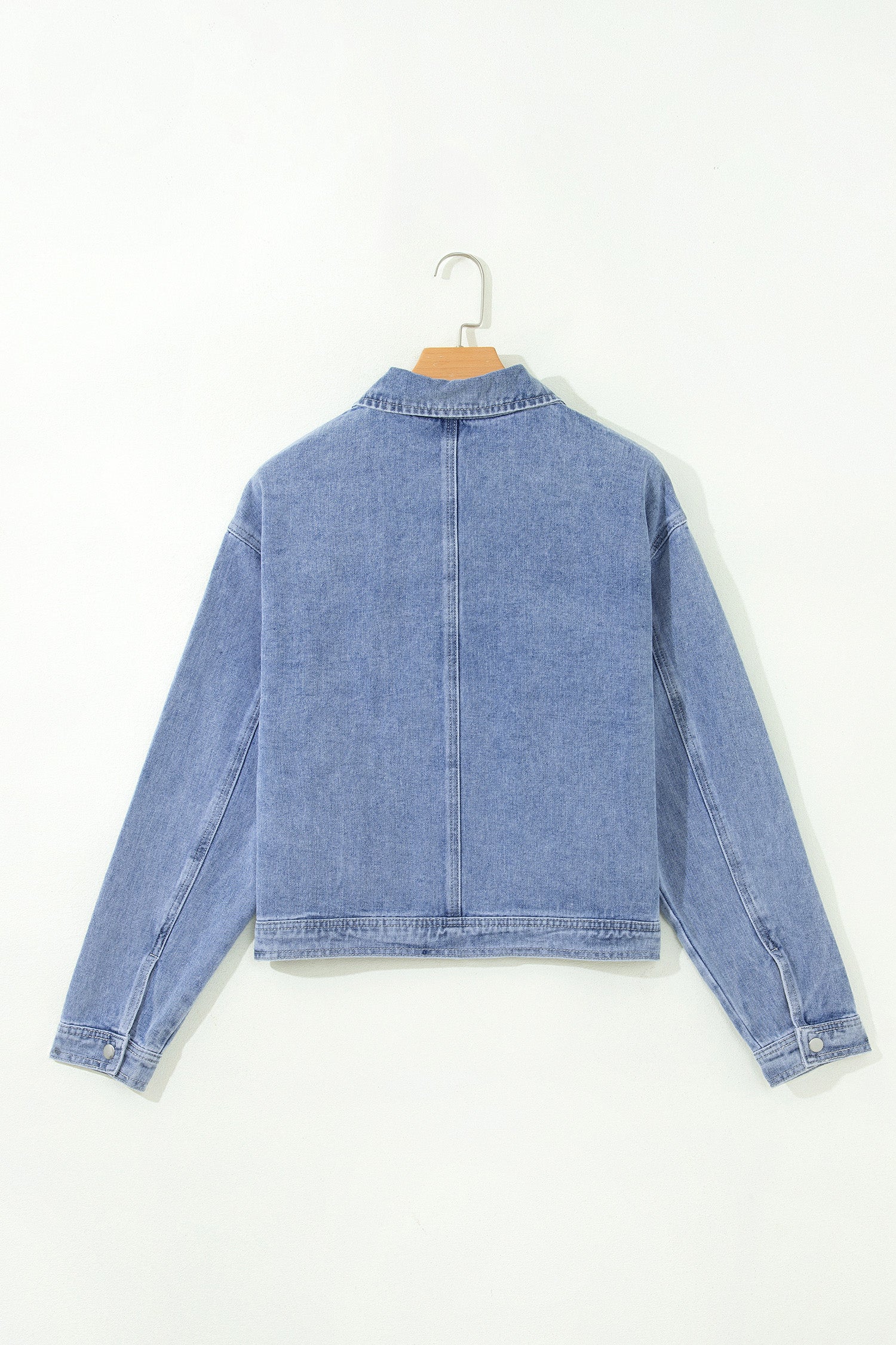 Beau Blue Studded Metal Zipper Rivet Pockets Long Sleeve Denim Jacket