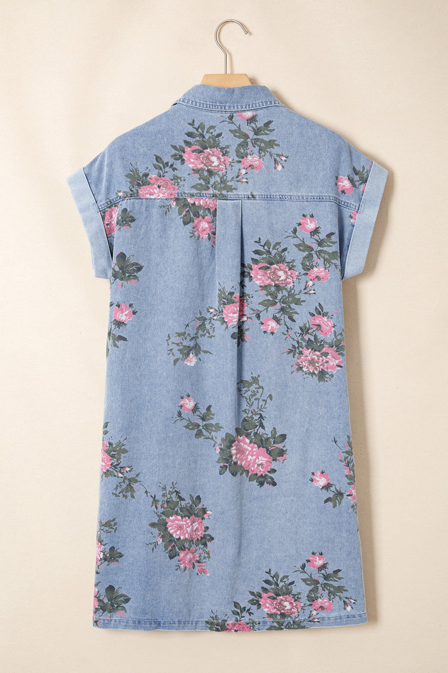 Sky Blue Denim Floral Print Cuffed Short Sleeve Button Down Shift Dress