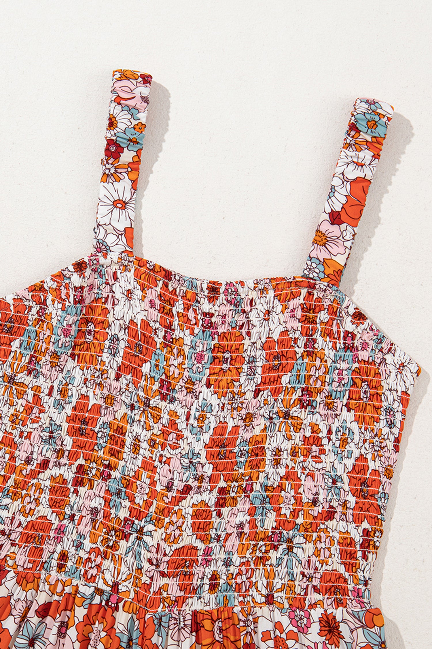 Orange Floral Print Sleeveless Smocked Shift Jumpsuit