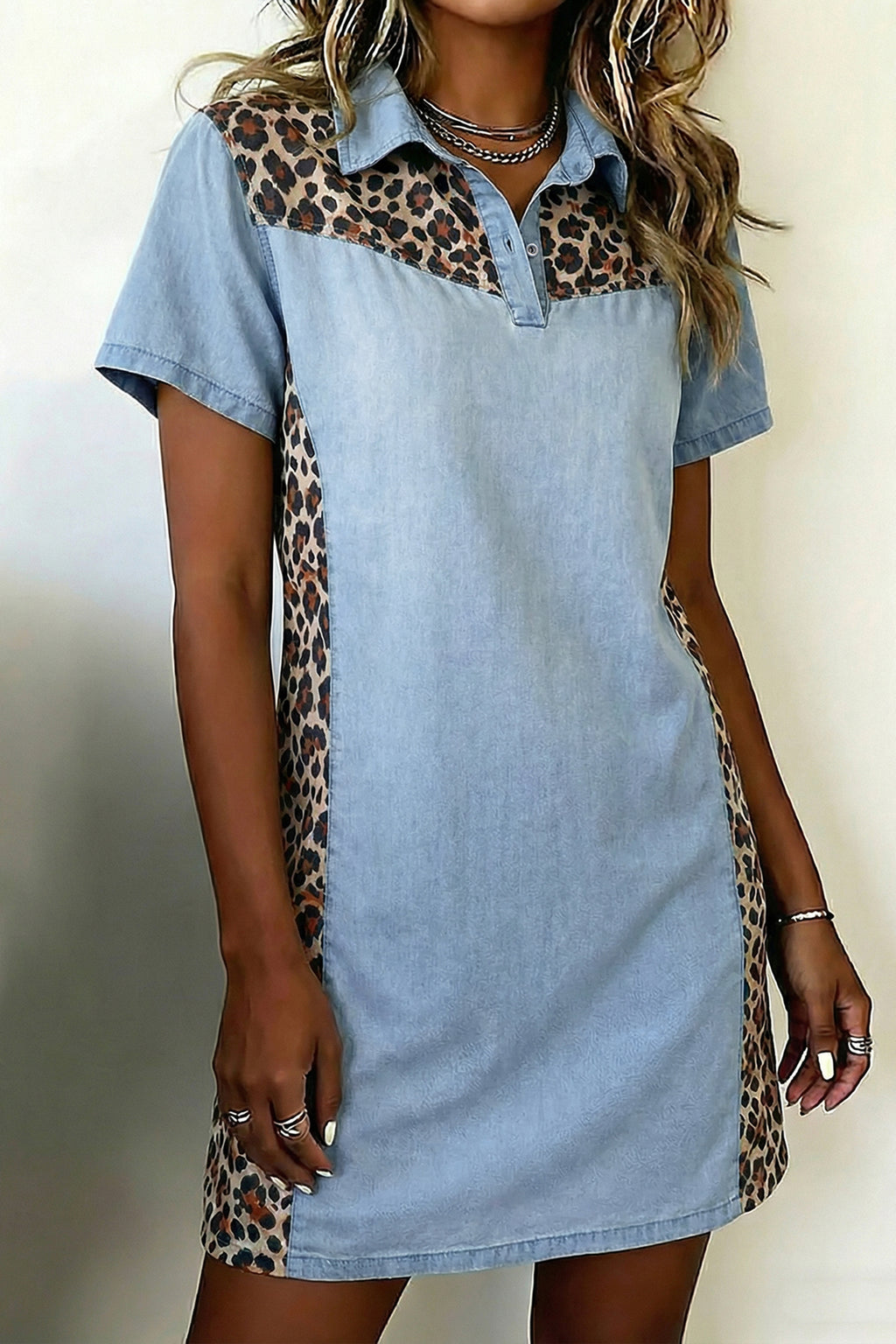 Myosotis Denim Color Block Leopard Patchwork Shirt Collar T Shirt Mini Dress