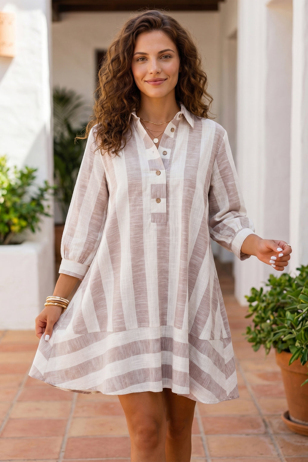 Khaki Stripe Striped Button-Up Three-Quarter Sleeve Short Shift Dress