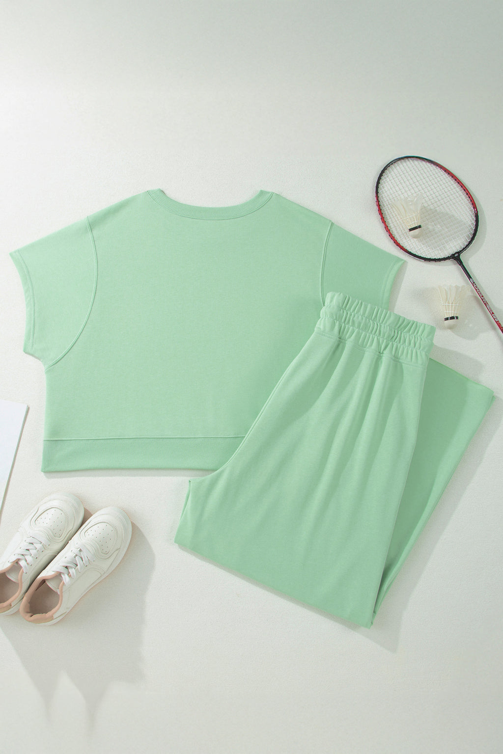 Mist Blue Solid Color Ribbed Trim Short Sleeve Top Drawstring Loose Pants 2pcs Outfit