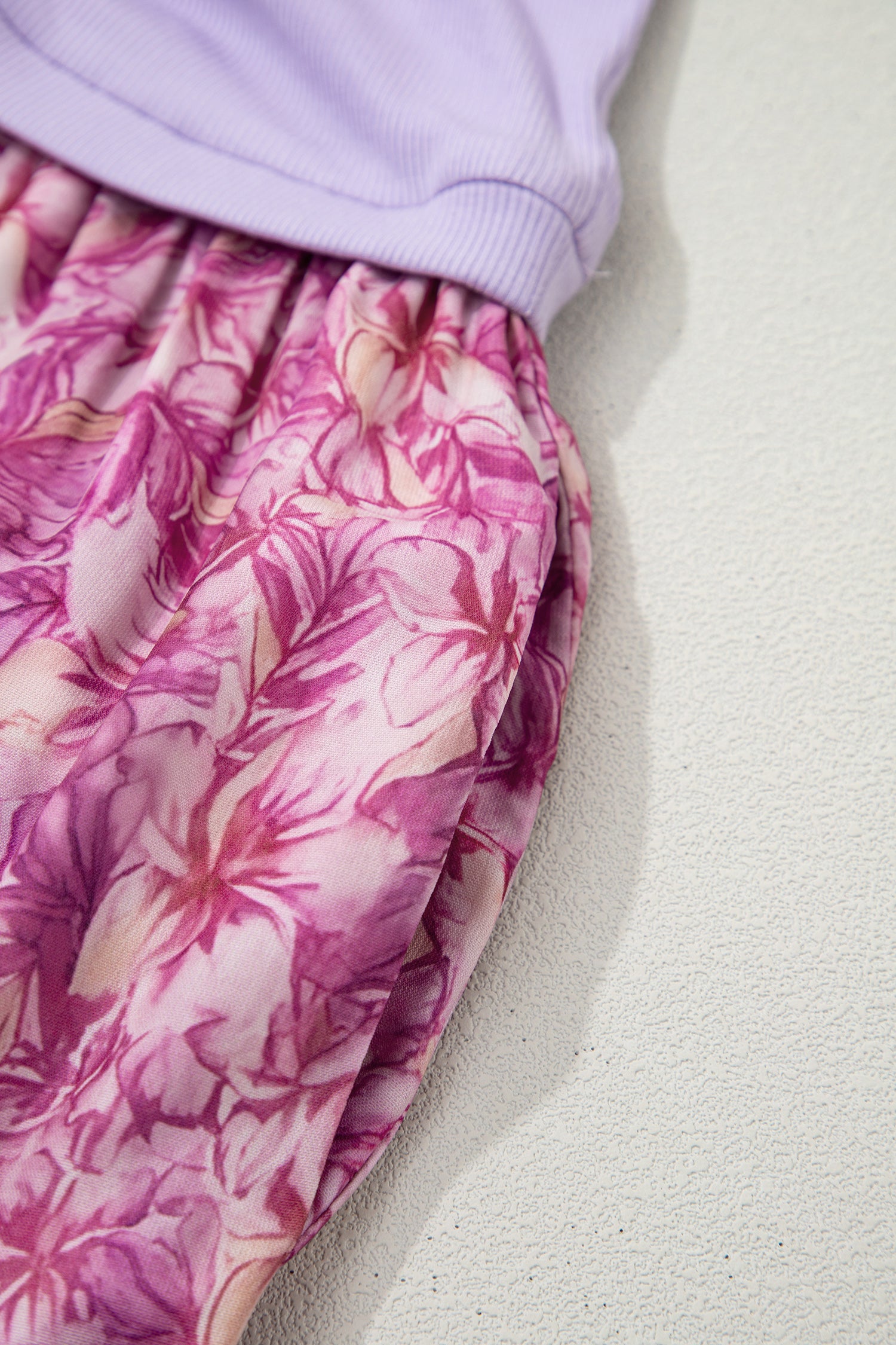 Purple Ribbed V Neck Tank Floral Contrast Patchwork Long Dress