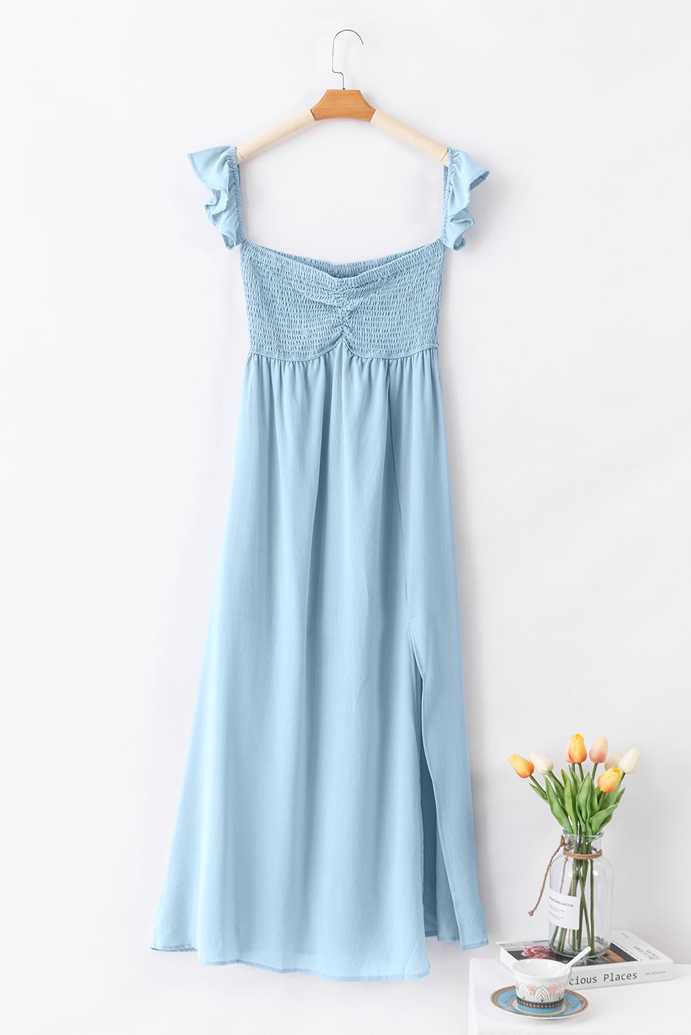 Sky Blue Off Shoulder Ruched Bust Sheer Slit Maxi Dress