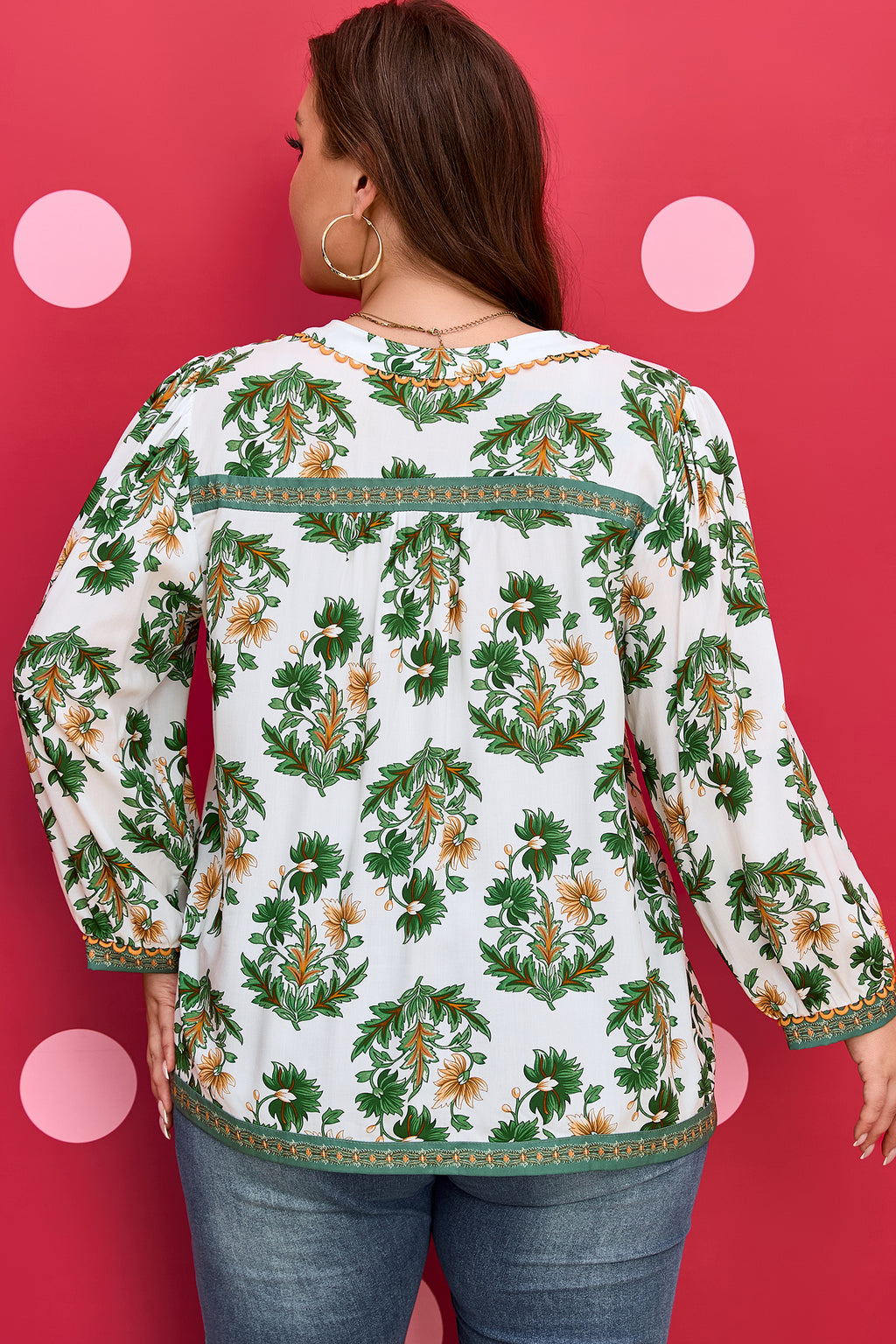 Green Plus Size Floral Printed Contrast Patchwork Detail Tassel Tie 3/4 Sleeve Blouse