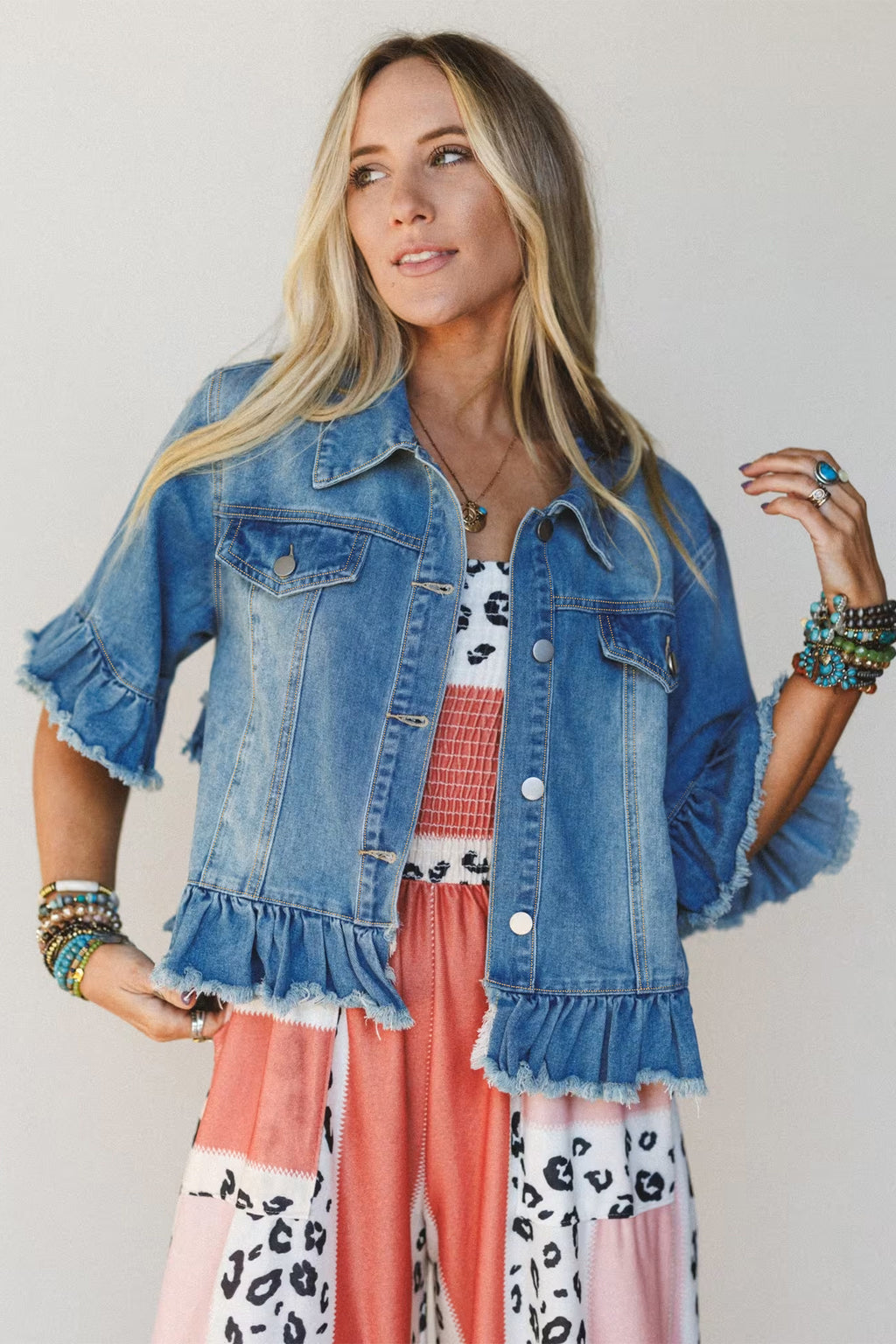Blue Ruffle Hem Raw Edge Half Sleeve Western Denim Jacket