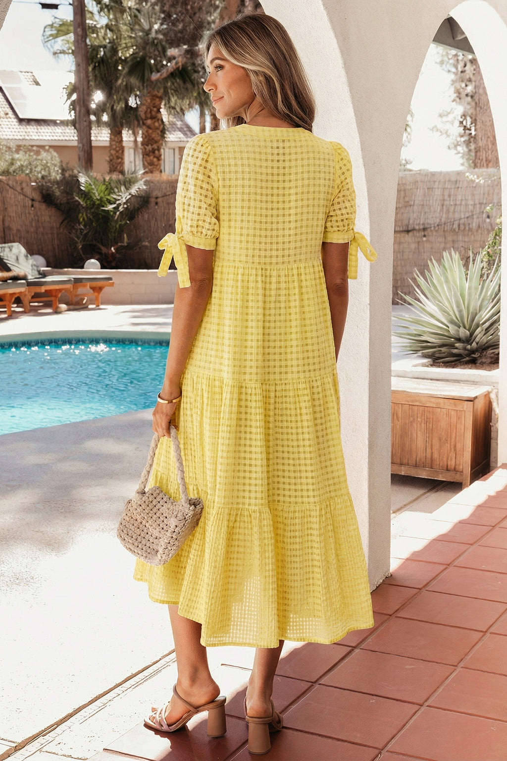 Dusk Blue Gingham Textured Bow Tie Short Sleeve Tiered Midi Dress