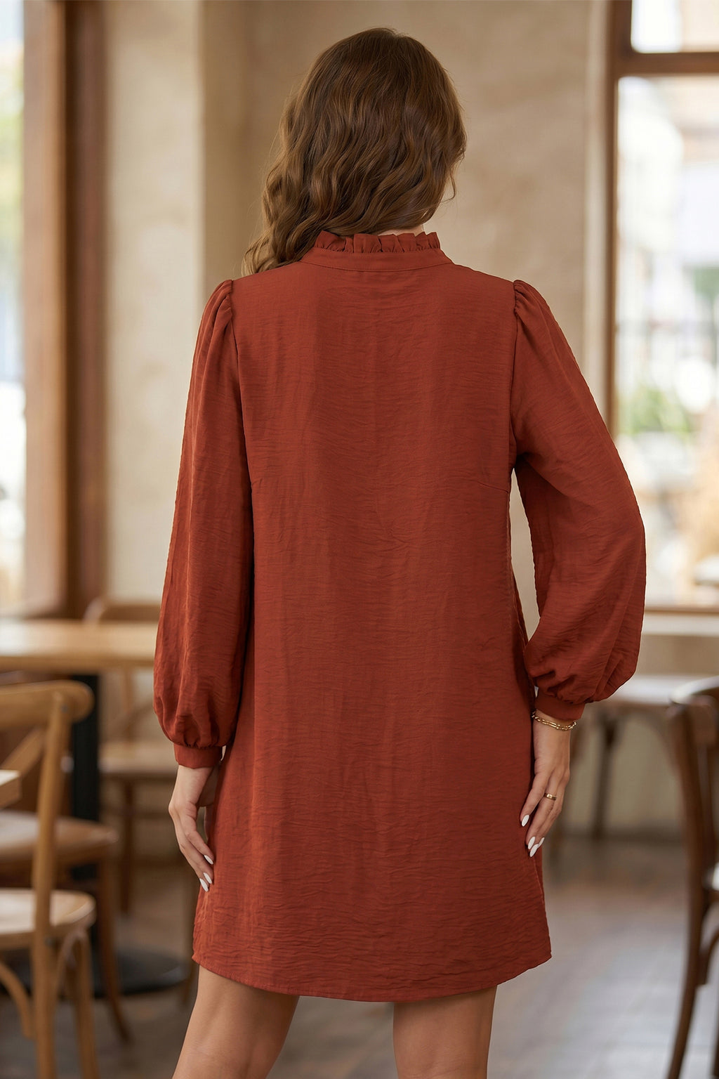 Coffee Solid Shift Long Sleeve Short Length One Piece Dress