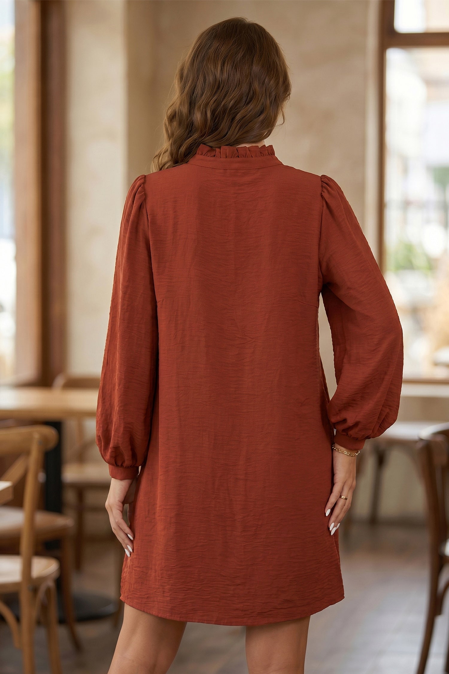 Coffee Solid Shift Long Sleeve Short Length One Piece Dress