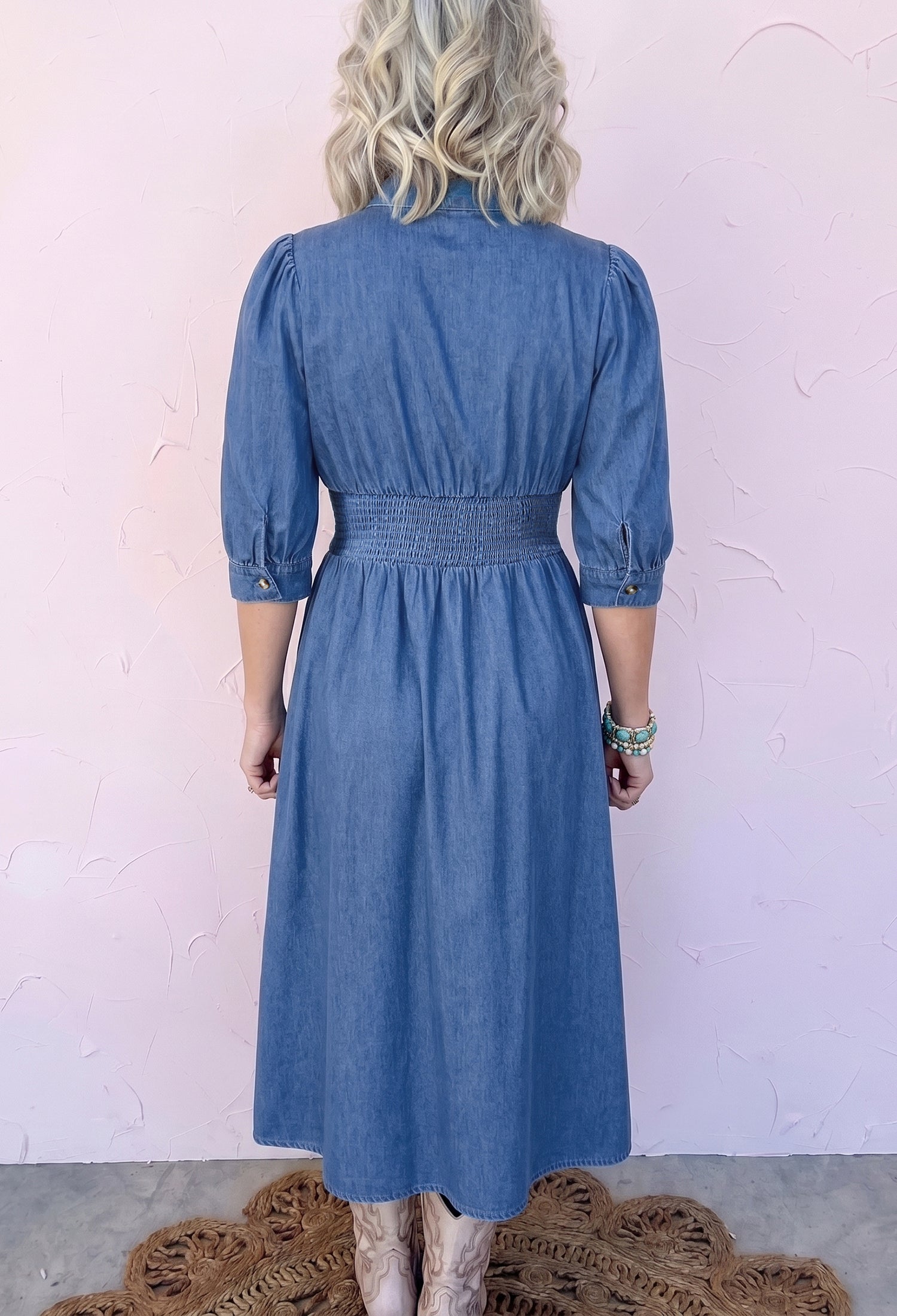 Blue V Neck Shirred Waist Metal Zipper Denim Midi Dress