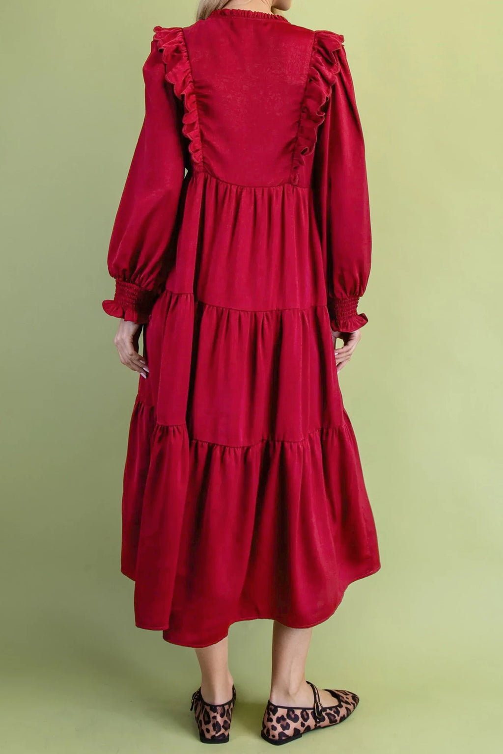 Racing Red Solid Color Ruffle Trim Long Sleeve Tiered Shift Midi Dress