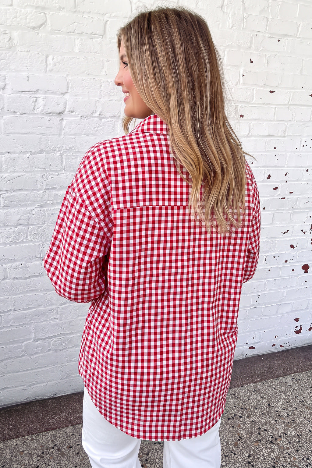 Red Plaid V Neck Long Sleeve Tunic Loose Fit Plus Size Shirt