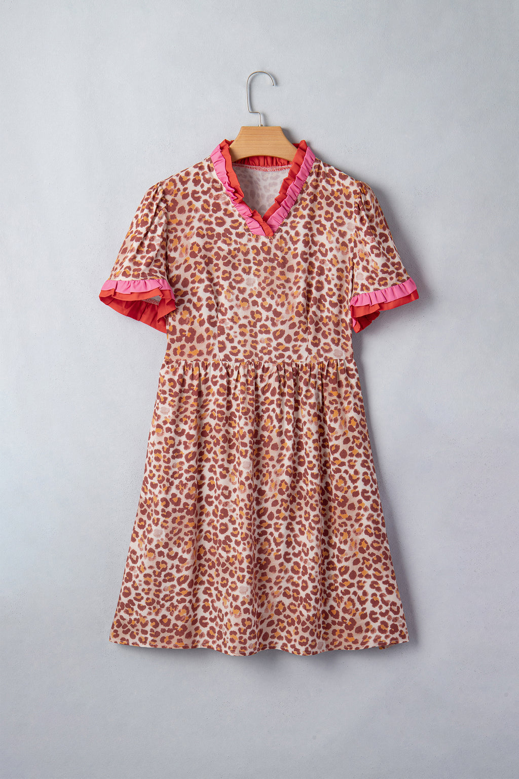 Khaki Leopard High Waist Ruffled Colorblock Trim Short Dress