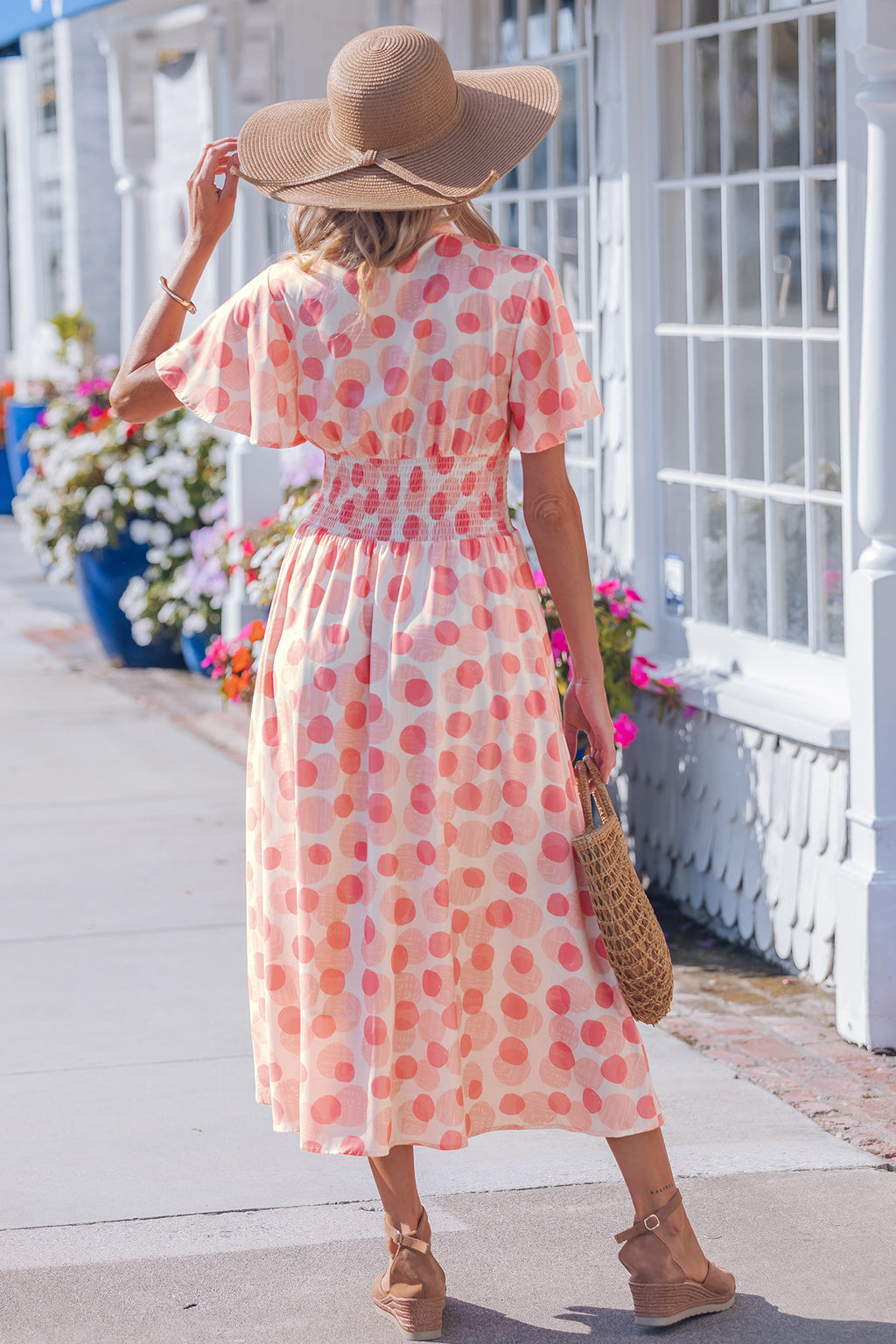 Pink Polka Dot Printed Ruffle Short Sleeve Zip Up Long Dress