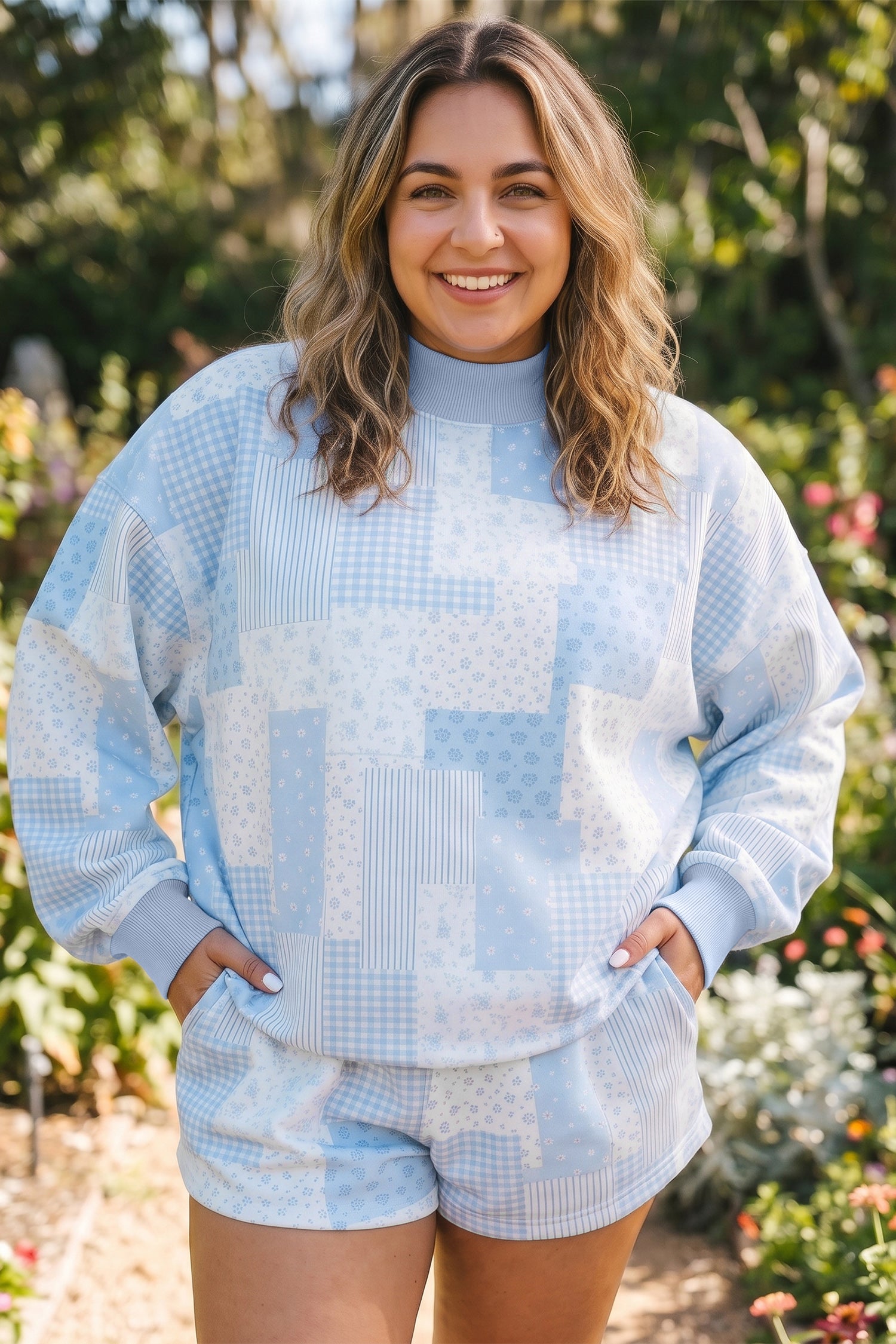Sky Blue Patchwork Floral Print Stand Neck Long Sleeve Two-piece Outfit Plus Size Set