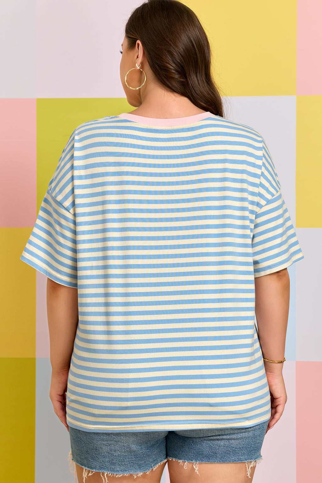 Sky Blue Stripe Plus Size Drop Shoulder Contrast Trim Round Neck Tee