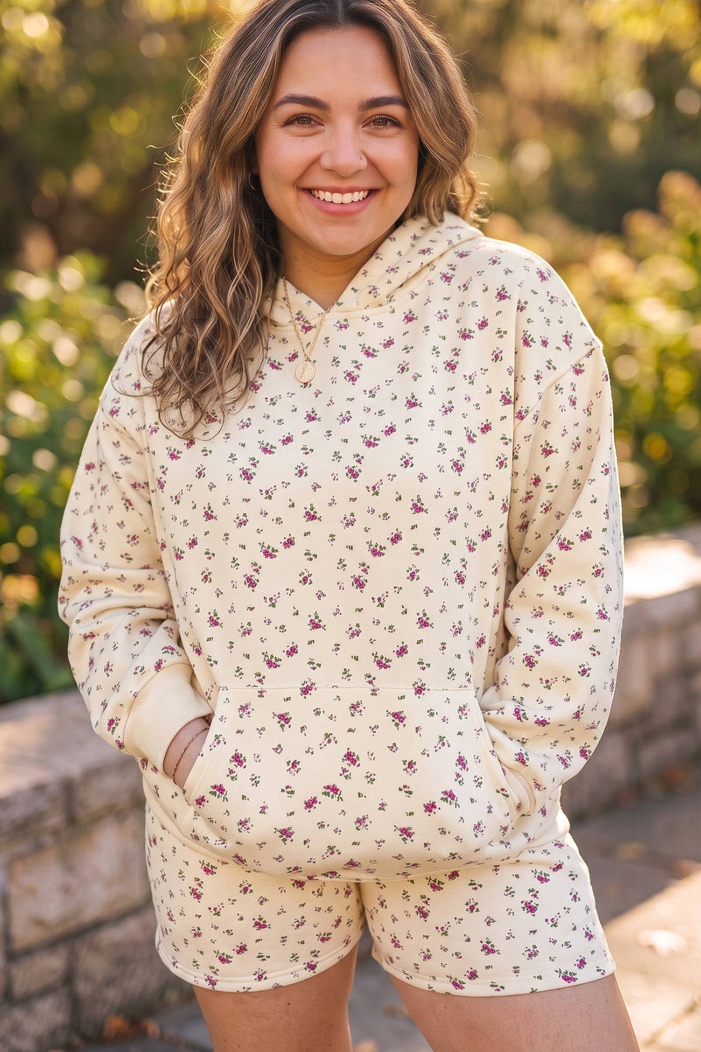 Beige Floral Print Hooded Long Sleeve Plus Size Set