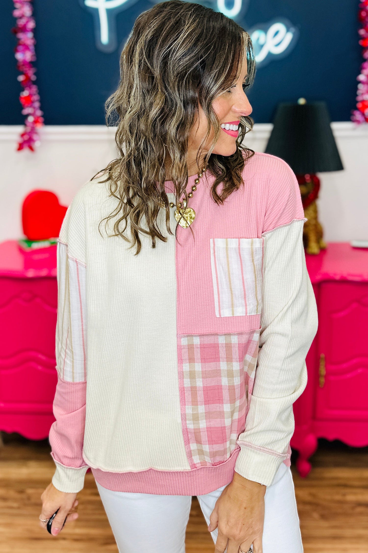 Pink Colorblock Plaid Panel Long Sleeve Plus Size Blouse