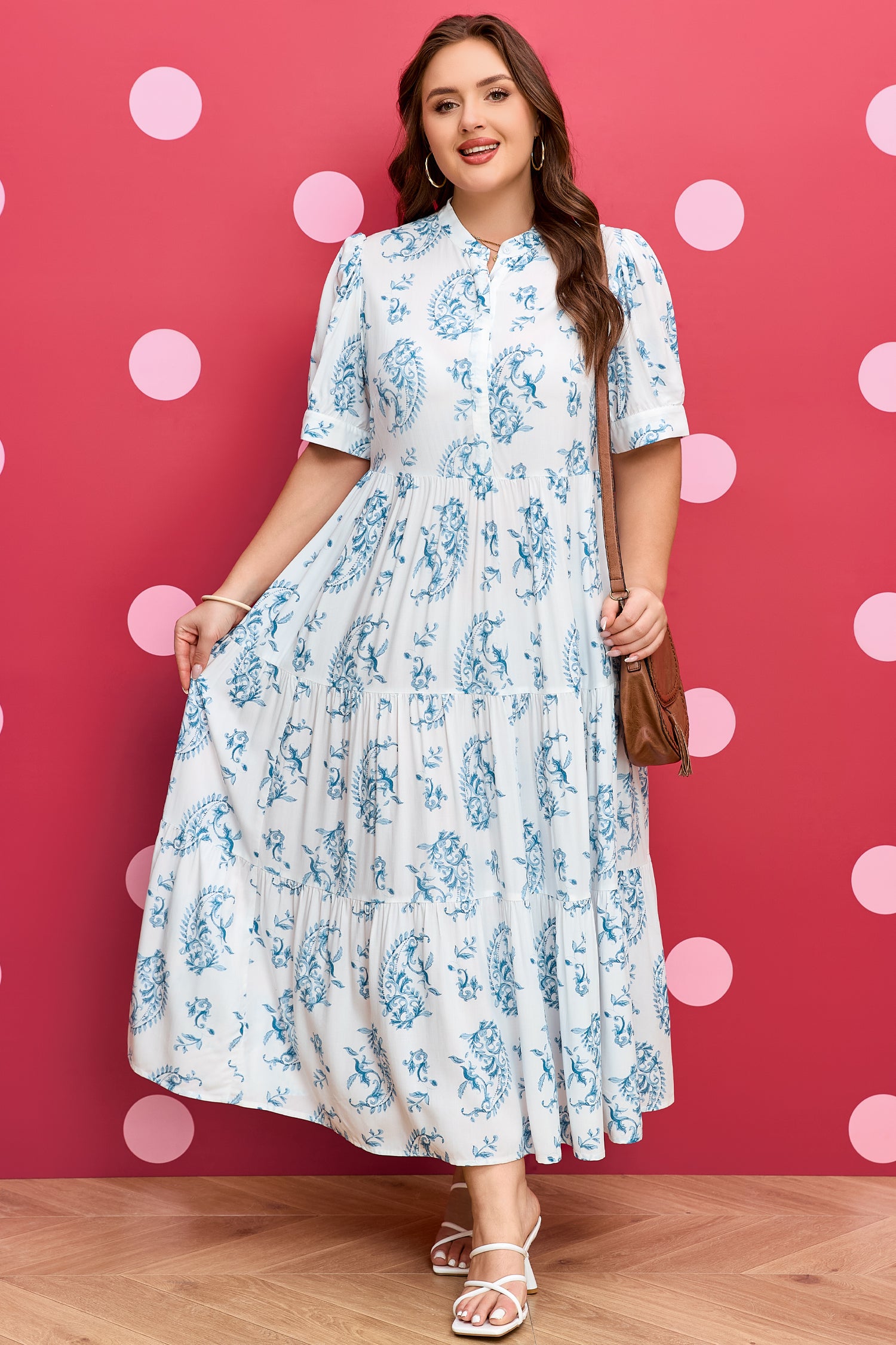 Sky Blue Plus Size Geometric Floral Print Button Split Neck Short Sleeve Maxi Dress