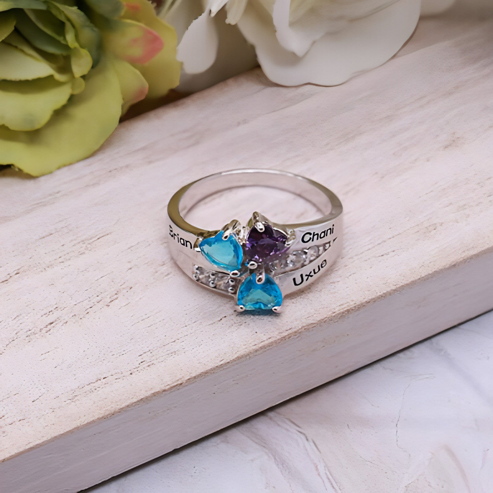 Personalized And Engraved Heart Assortment Birthstones Silver Ring