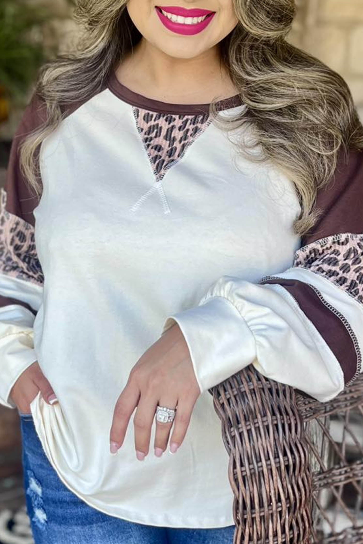 Beige Leopard Print Colorblock Round Neck Long Sleeve Plus Size Blouse