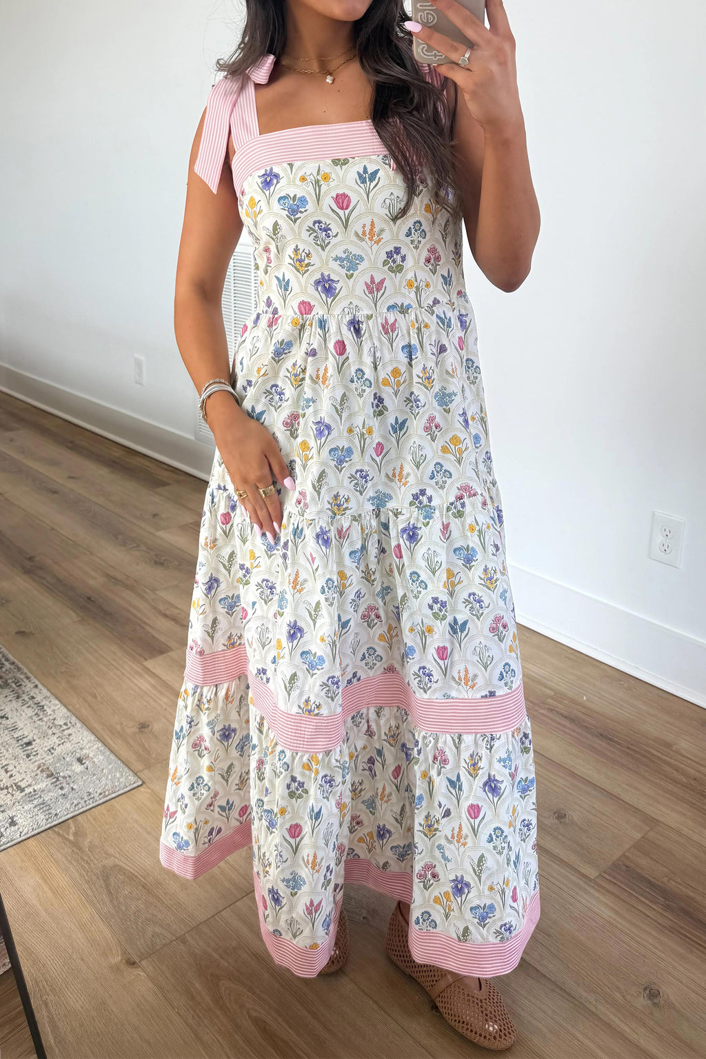 Multicolour Floral Print Striped Detail Knot Straps Maxi Dress