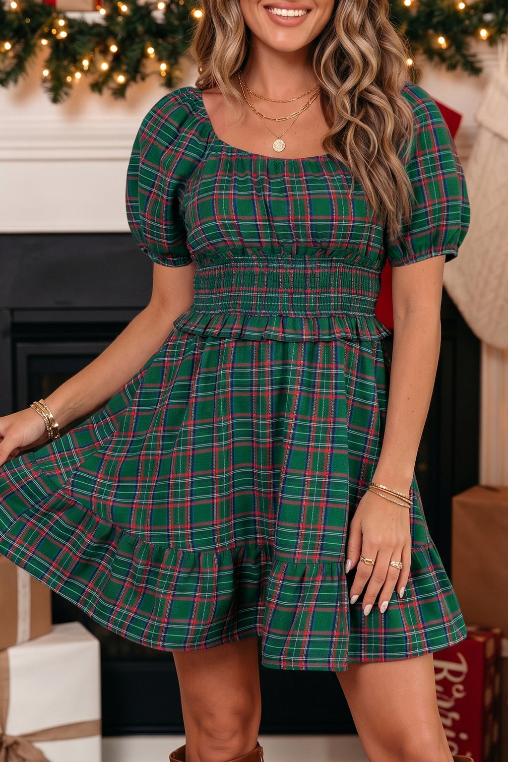 Green Plaid Shirred U Neck Short Sleeve Mini Dress