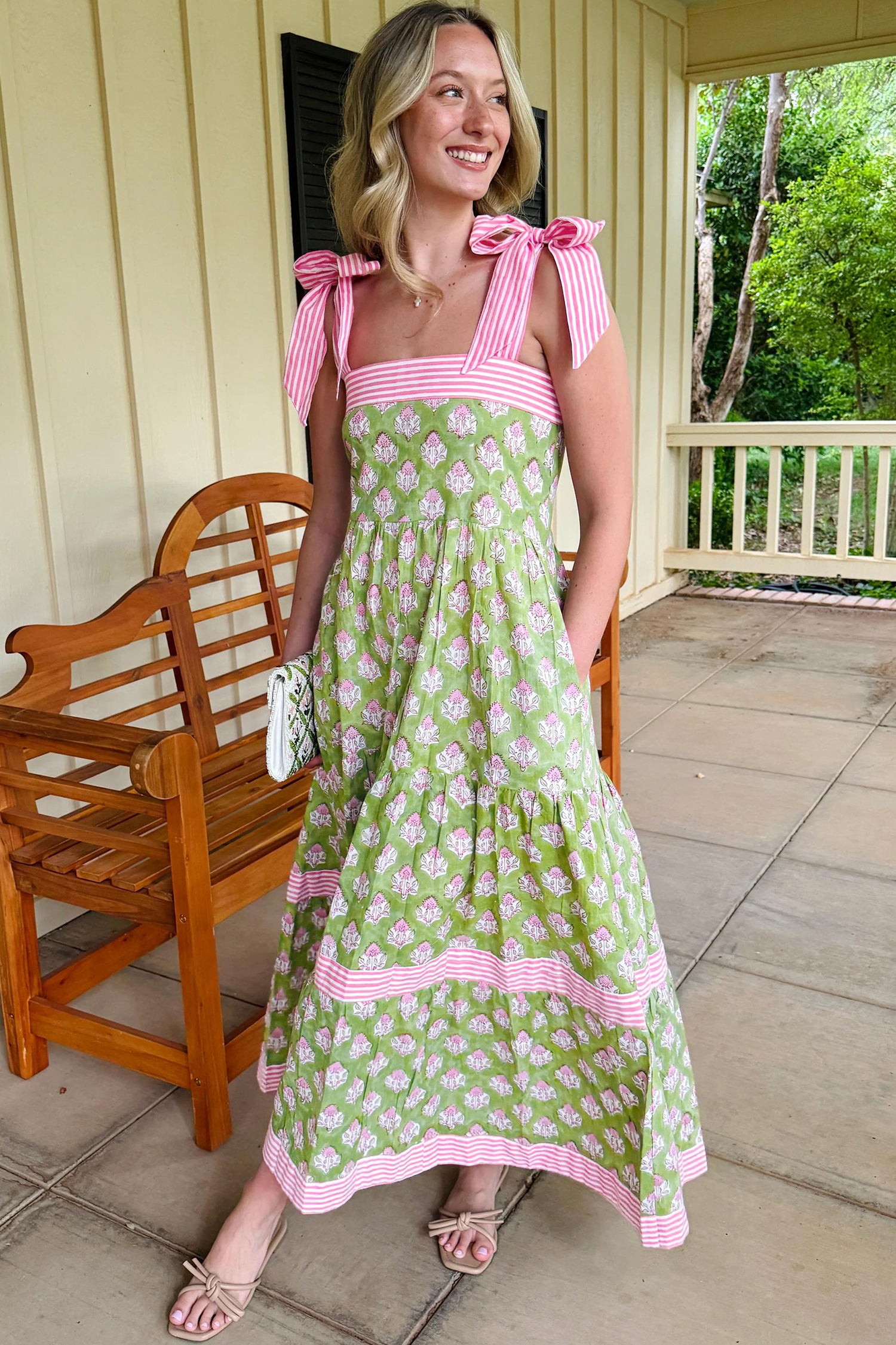 Green Floral Print Striped Detail Knot Straps Maxi Dress