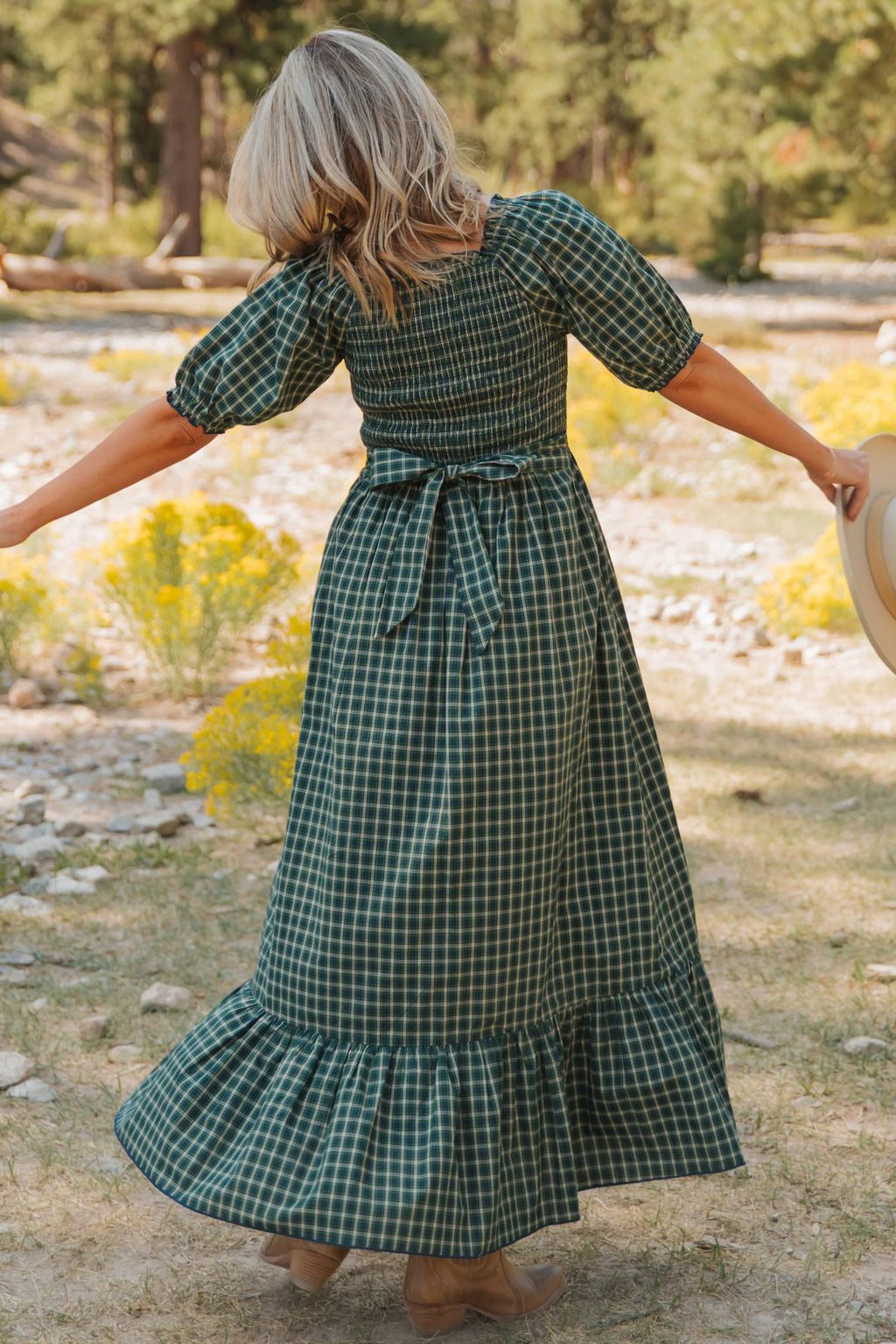 Green Plaid Square Neck Shirred High Waist Ruffle Hem Dress