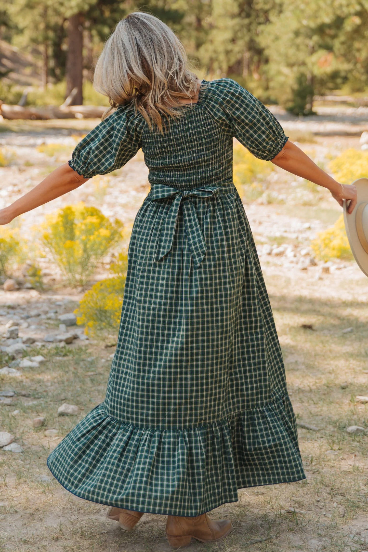 Green Plaid Square Neck Shirred High Waist Ruffle Hem Dress