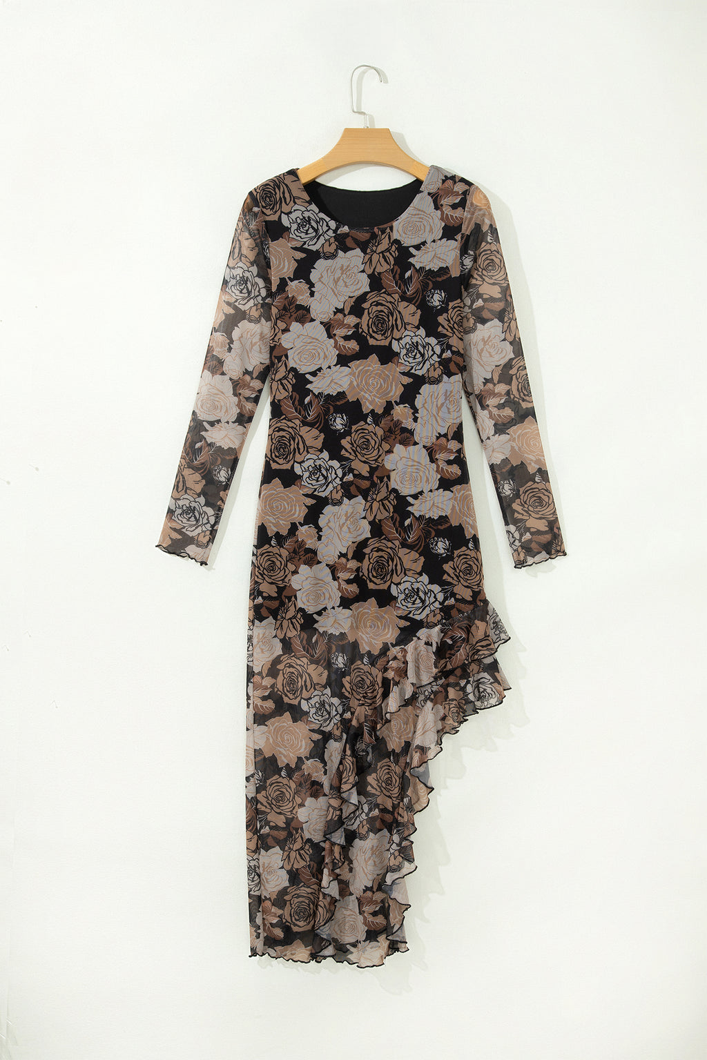 Black Floral Long Sleeve Asymmetric Ruffle Split Hem Mesh Dress