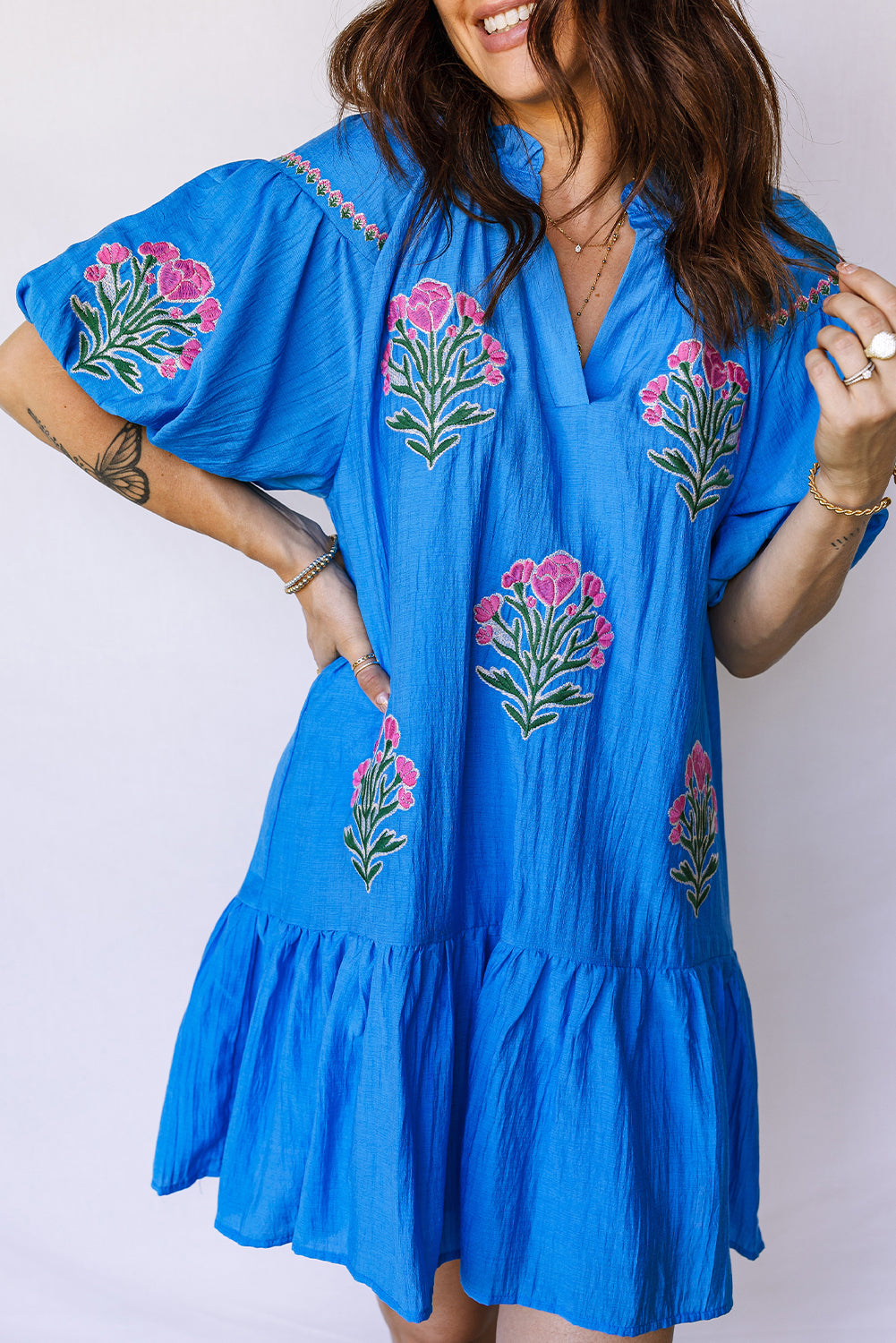 Blue Flower Embroidered Split Neck Short Puff Sleeve Ruffle Hem Dress