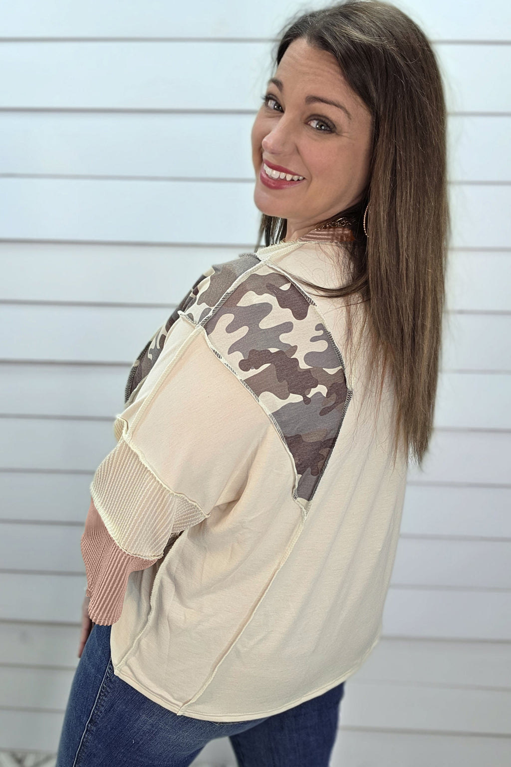Apricot Camouflage Panel Twist Rib Sleeve Round Neck Loose Fit Plus Size Blouse