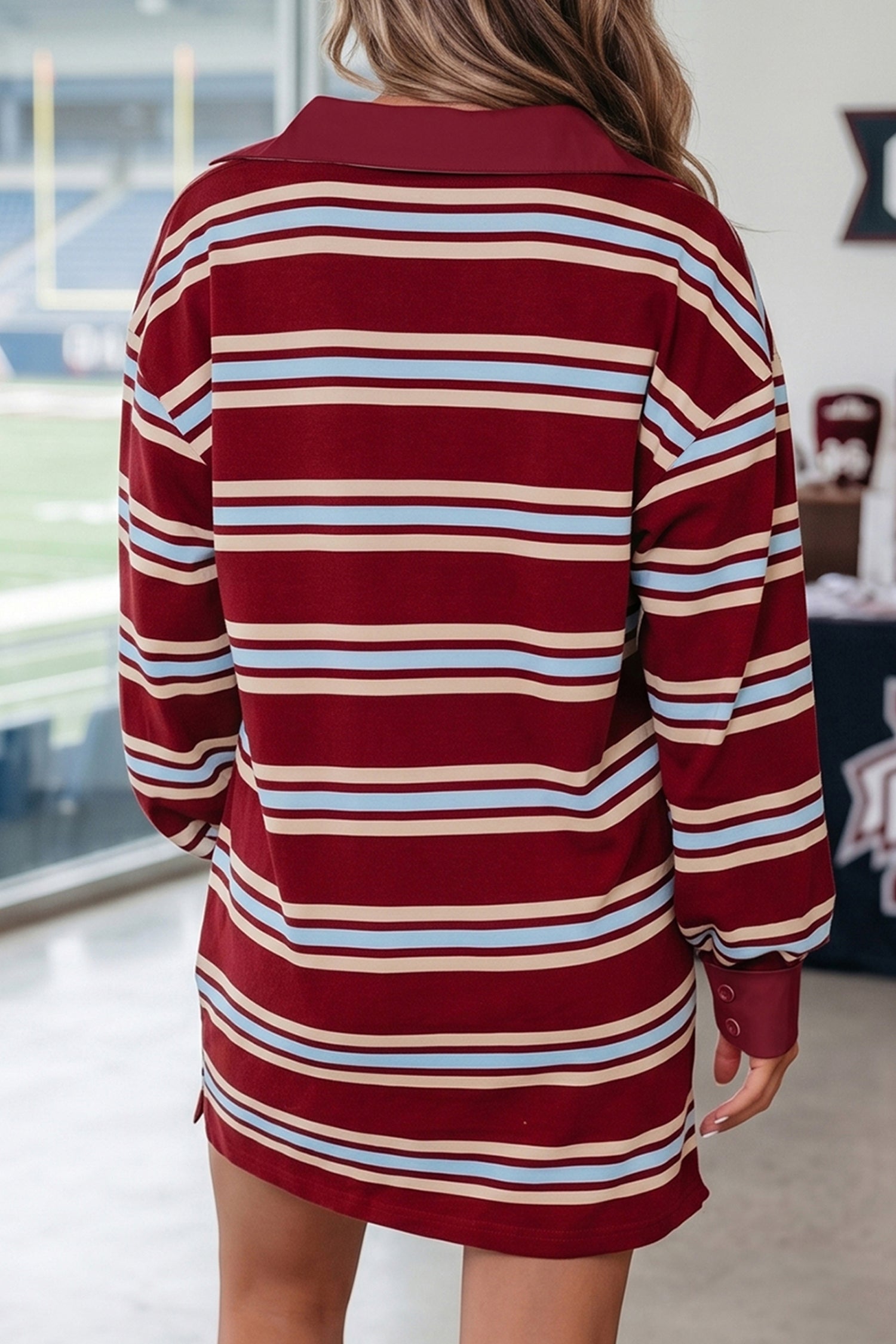 Red Stripe Retro Polo Collar Long Sleeve T Shirt Shift Mini Dress