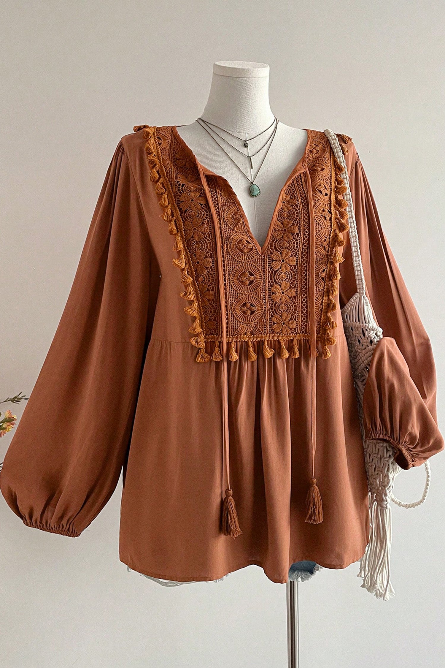 Chestnut Boho V Neck Embroidered Tassel Long Sleeve Plus Size Blouse