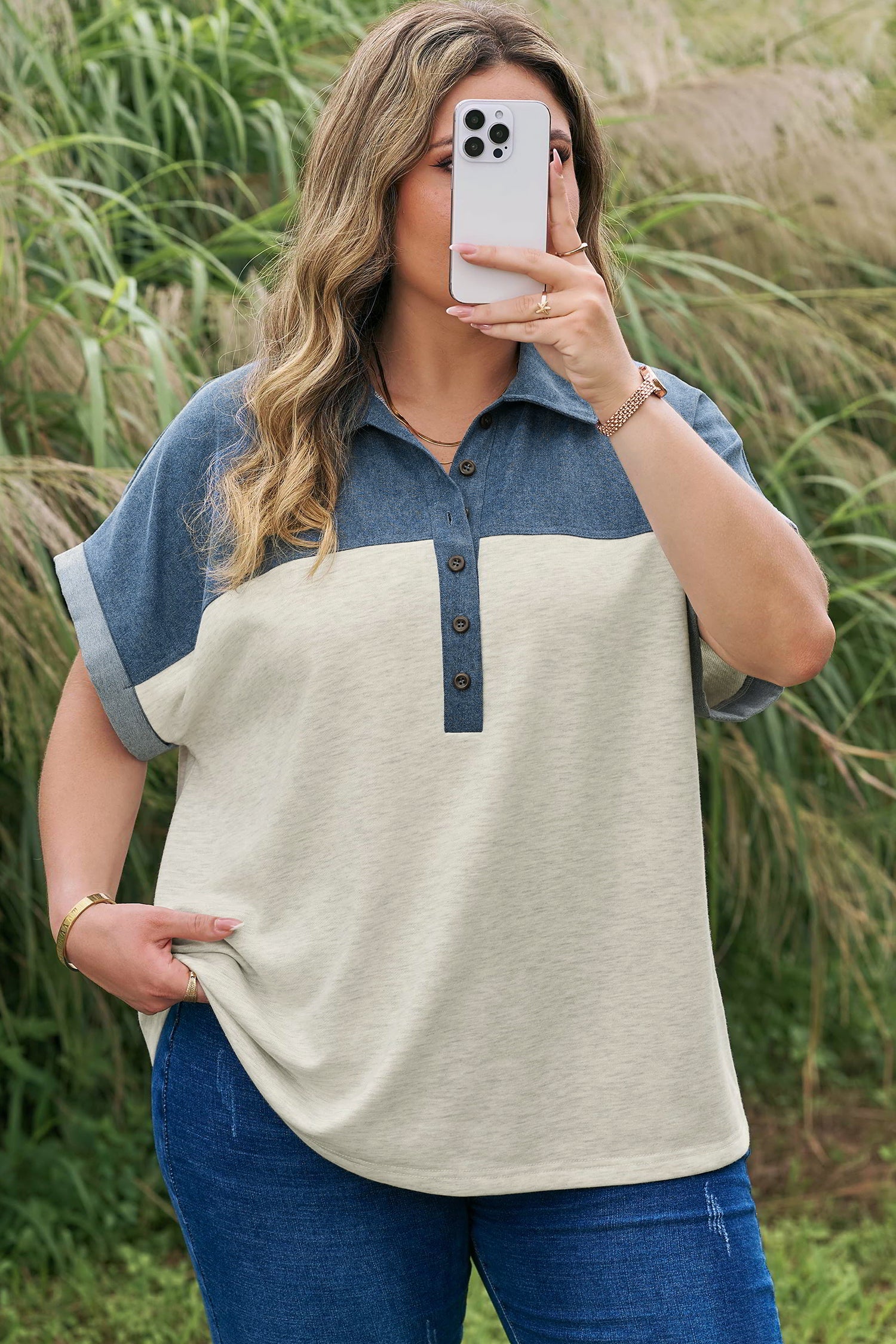 Light Grey Half Buttons Collared Denim Patchwork Plus Short Sleeve Top