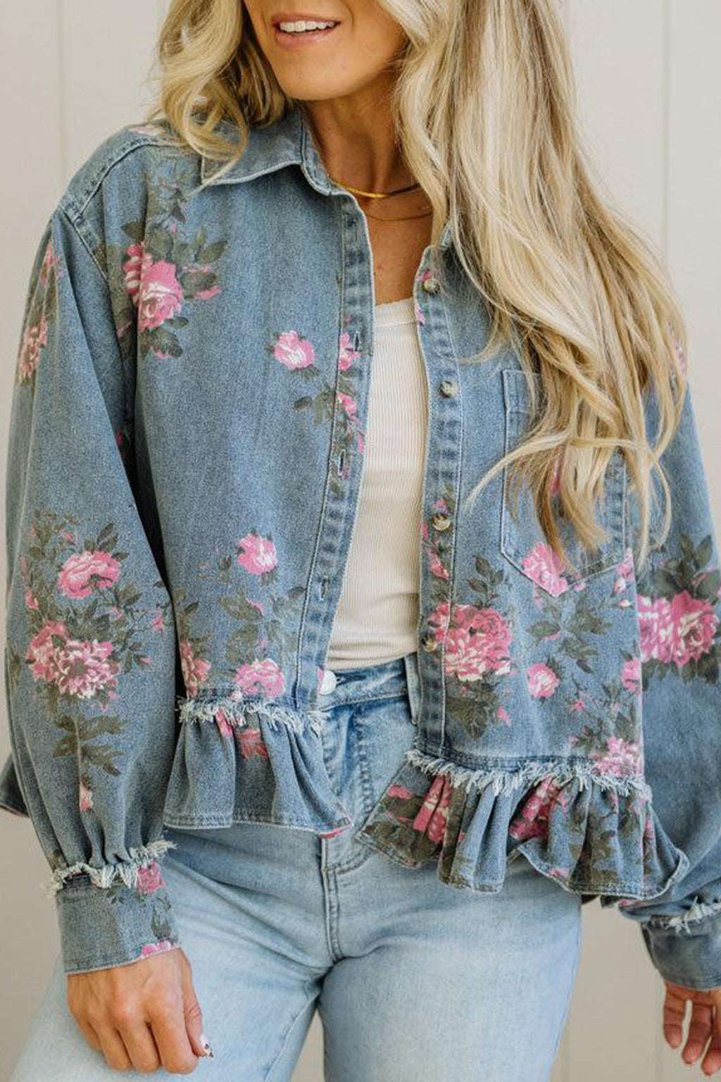 Sky Blue Floral Print Raw Seam Ruffle Hem Denim Jacket