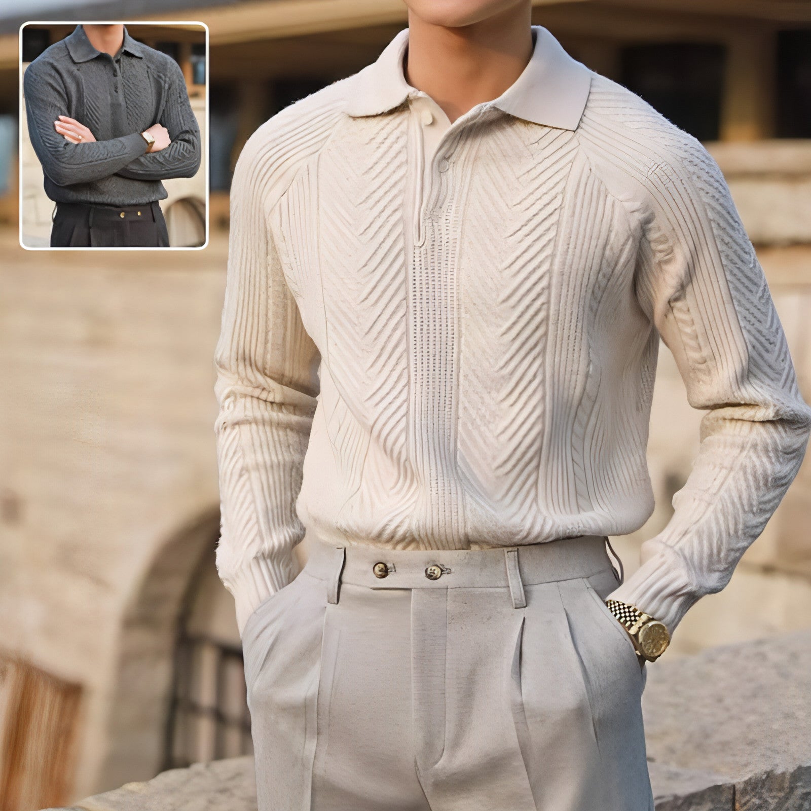 Mäns lapel stickad tröja vinter pullover långärmad toppkläder